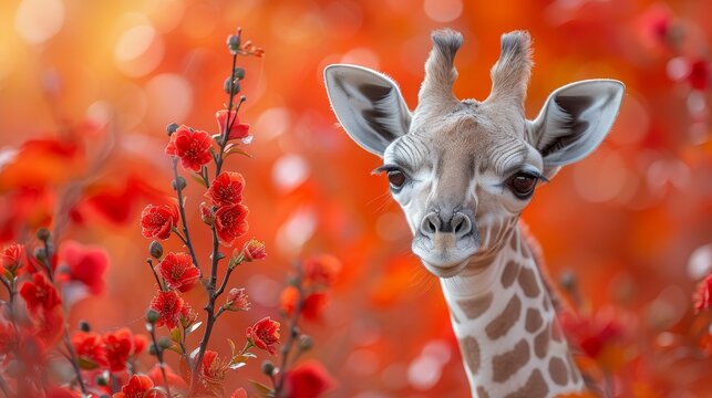   A tight shot of a giraffe in a flower-filled meadow, hazy backdrop of scarlet blooms