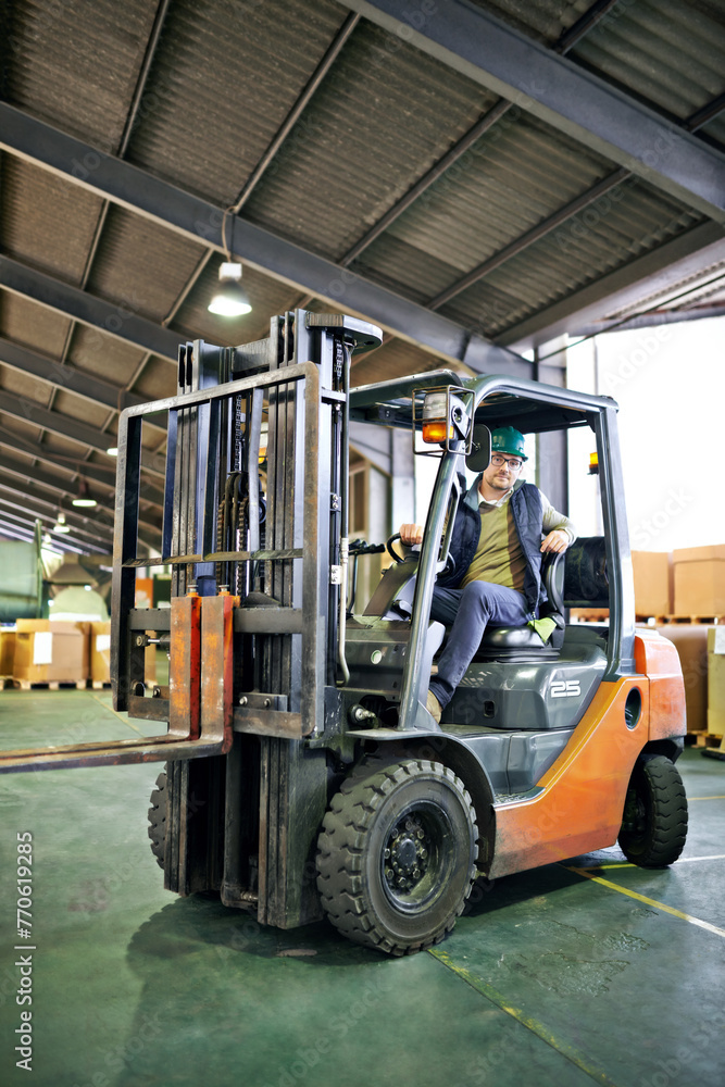 Poster driver, warehouse and man with forklift working on site, loading on dock with industrial moving vehi