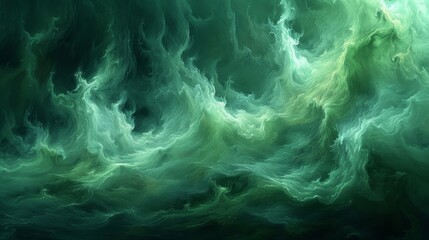  A painting of a swirly green and black pattern against a dark green and black backdrop, featuring white swirls on the upper left side - obrazy, fototapety, plakaty