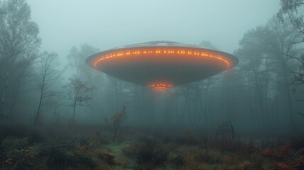   In the heart of a mist-shrouded forest, a colossal alien object looms amidst trees and dense undergrowth