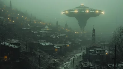 Foto op Plexiglas   A city shrouded in fog at night, with a luminous flying saucer hovering its center © Wall