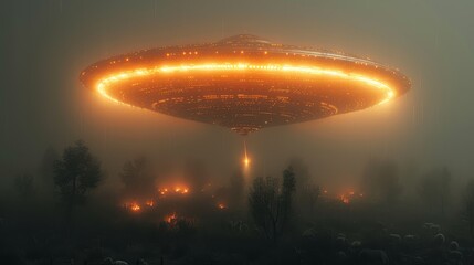   A sizable aerial object, shrouded in fog, bears numerous lights along its sides
