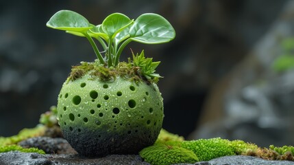   A tight shot of a plant emerging from a rock, sporting moss in its core, and displaying leaves at the edges