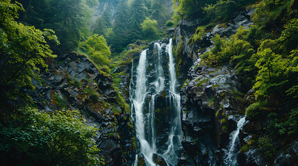 A majestic waterfall cascading down a rugged cliff surrounded by lush greenery.