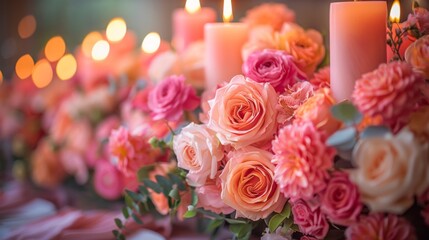flowers on the table in restaurant. still life with candles and flowers. pink wedding table setting for a dinner  - obrazy, fototapety, plakaty