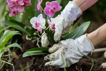 hands with gloves transplanting an orchid - obrazy, fototapety, plakaty