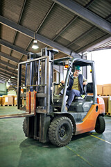 Fototapeta na wymiar Driver, warehouse and man with forklift working on site, loading on dock with Industrial moving vehicle. Transporting, shipping inventory with safety hardhat for delivery, labor worker for company