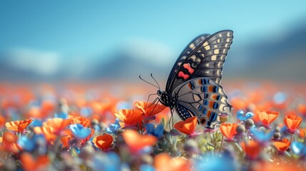   A blue-and-black butterfly perches on an orange and blue flower bed against a backdrop of blue sky - obrazy, fototapety, plakaty