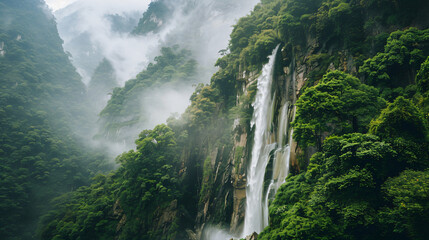 A majestic waterfall cascading down a rugged cliff surrounded by lush greenery. - obrazy, fototapety, plakaty