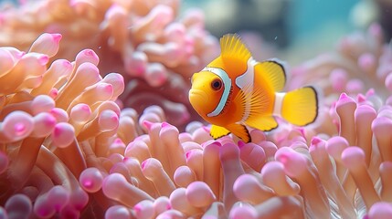   A tight shot of a fish near coral, featuring an anemone in the foreground and another in the background - obrazy, fototapety, plakaty