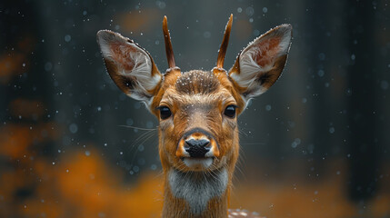 The fawn stares directly at the viewer and a softly blurred autumn forest is seen in the background - obrazy, fototapety, plakaty