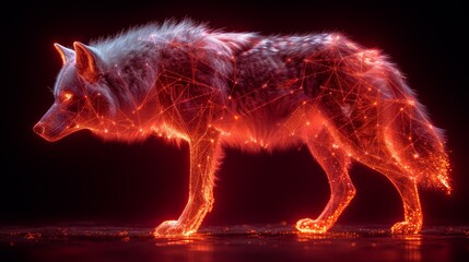   A wolf atop a red-and-black floor against a backdrop of lined and speckled background