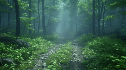 Obraz premium A forest path, lined with verdant foliage on either side, features a beaming light that penetrates the tree canopy