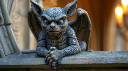   A gargoyle figurine sits on a ledge in front of a building statue - obrazy, fototapety, plakaty
