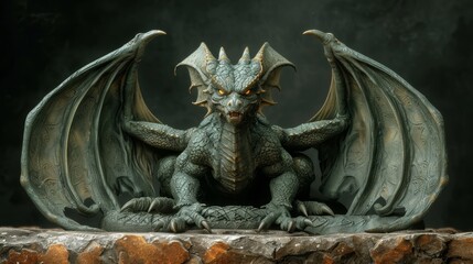 Naklejka premium A dragon statue atop a stone slab against a dark backdrop and a surrounding stone wall
