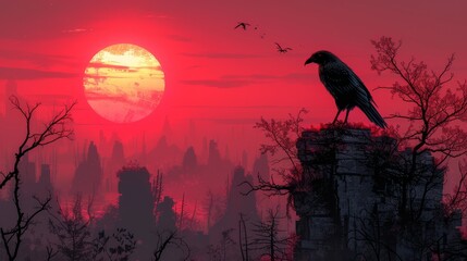   A black bird atop a tall building against a red backdrop with setting sun