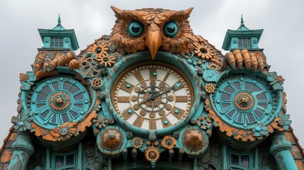   A building clock with an owl-faced dial and a separate clock display on its front