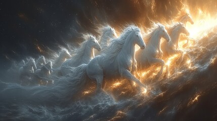   A collection of white horses in a water body, sun illuminating clouds behind - obrazy, fototapety, plakaty