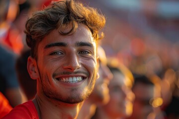 handsome smiling man with perfect teeth looking at camera, football fan wearing t-shirt during football match. Blurred crowd in the background. Concept of healthy skin care, aesthetics - obrazy, fototapety, plakaty