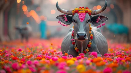Foto op Plexiglas   A cow adorned with a floral headdress sits in a field, surrounded by two more cows in the backdrop © Wall