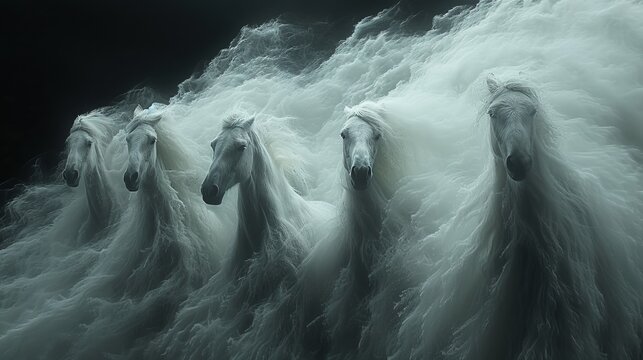   White horses grouped, standing atop water, black backdrop