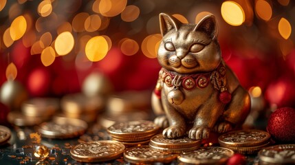   A cat figurine atop a mound of coins, next to a Christmas ornament - obrazy, fototapety, plakaty