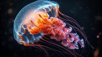   A tight shot of a jellyfish against a black backdrop, its head subtly blurred