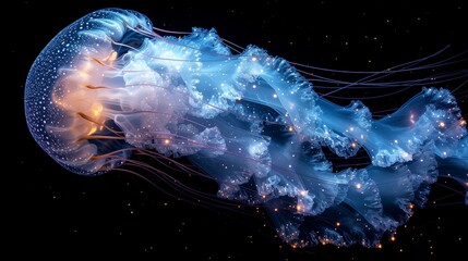   A tight shot of a jellyfish against a black backdrop, its head subtly blurred