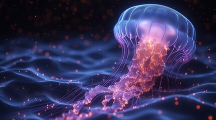   A purple jellyfish hovers above tranquil water, surrounded by red and blue undulating waves