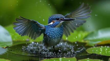   A blue bird flaps wings on a lily pad, pond's surface dotted with water droplets