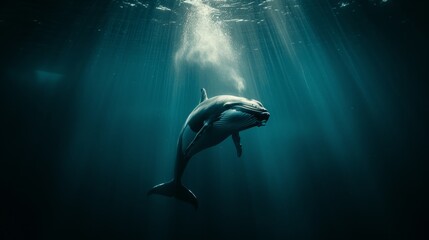   A humpback whale swims beneath the dark blue ocean's surface as sunlight filters through the water