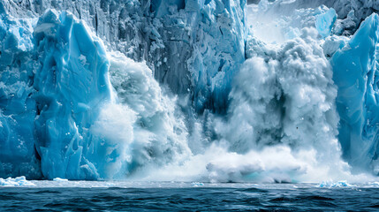 A massive glacier calving into the ocean symbolizing the rapid melting of polar ice caps.