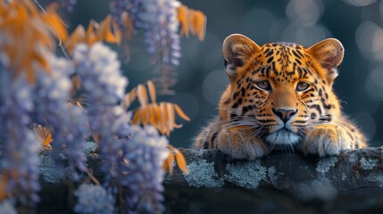   A tight shot of a feline on a tree limb, surrounded by near purple blooms, and indistinct background - obrazy, fototapety, plakaty