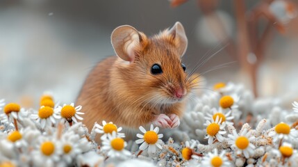   A tiny brown mouse atop white and yellow blooms, one eye gazing