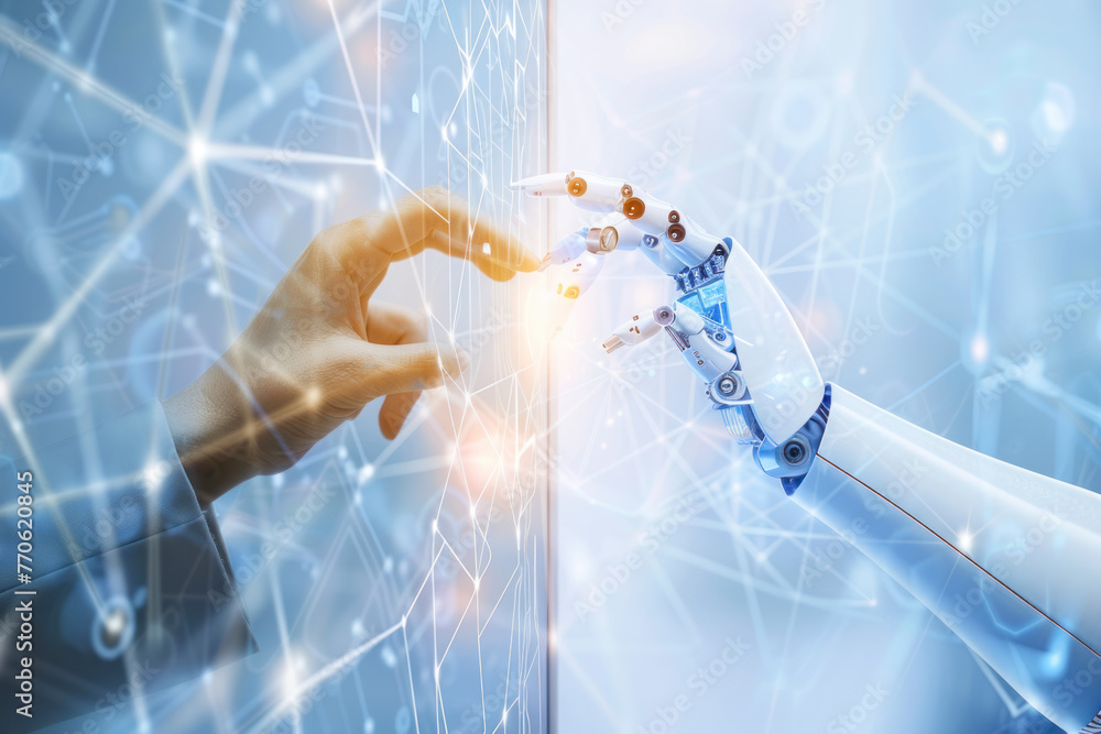 Poster hands of robot and human touching big data of global network connection.