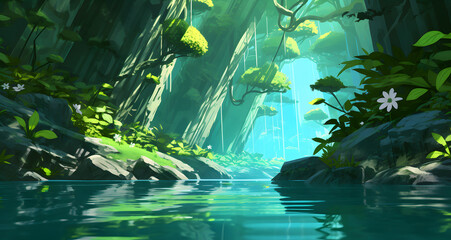 a river surrounded by lush green trees near some rocks - Powered by Adobe