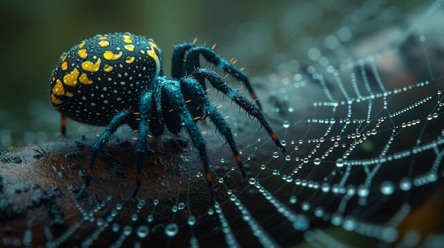   A close-up of a blue spider with yellow spots on its back legs