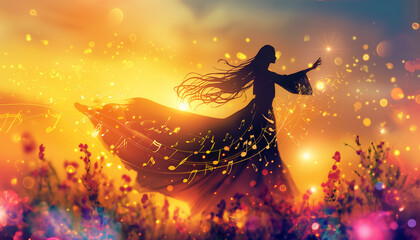 Magical Woman with Flowing Dress and Music Notes at Sunset
