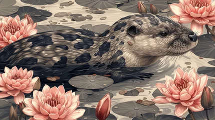 Foto op Canvas   A painting of a sea otter floating in a pond, encircled by lily pads and pink water lilies © Wall