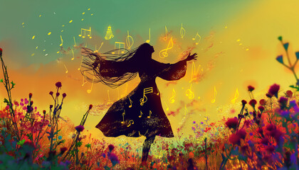 Joyful Silhouette Dancing in Vibrant Sunset Meadow