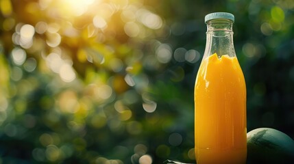 Fresh mango juice in the bottle outdoors, Bottle of orange juice on the wooden table on the green blurred background, Revitalize with freshly squeezed orange juice in a bottle
 - obrazy, fototapety, plakaty