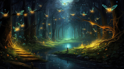Fairytale forest with flying glowing butterflies and moths.