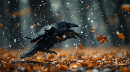   A black bird perches atop a leafy mound amidst a forest showered in descending leaves