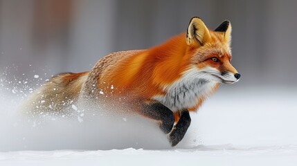 Naklejka premium A red fox dashes through the winter landscape, surrounded by snow-covered ground and trees behind