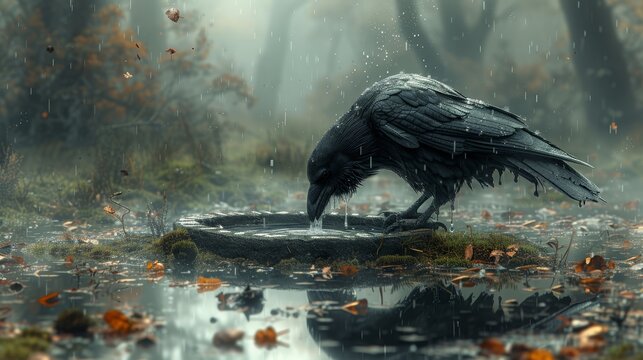   A large black bird atop a forest puddle among abundant leafy foliage