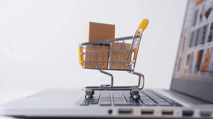 Online e-commerce concept with shopping cart full of boxes on top of laptop computer isolated on white background