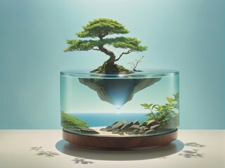 A traditional Chinese pine bonsai on a clear glass bowl. the performance of the natural universe macro world theme, care for the natural environment, cherish water. AI generation.