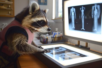 raccoon in radiologist vest examining an xray on lightbox - obrazy, fototapety, plakaty