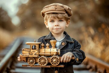 boy playing with a wooden train