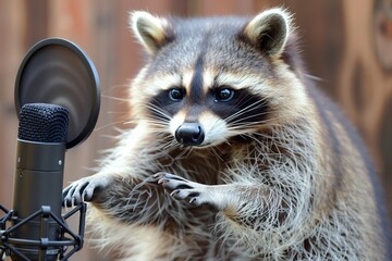 closeup of a raccoons paw touching a microphones top - obrazy, fototapety, plakaty